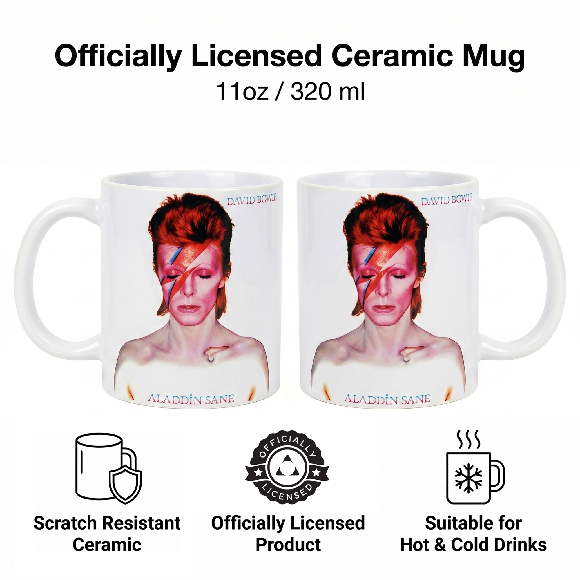 Pyramid America: David Bowie: Aladdin Sane - 11oz Ceramic Mug - Coffee & Tea Cup, Microwave-Dishwasher Safe, Iconic Musician Fan Collectible, Licensed