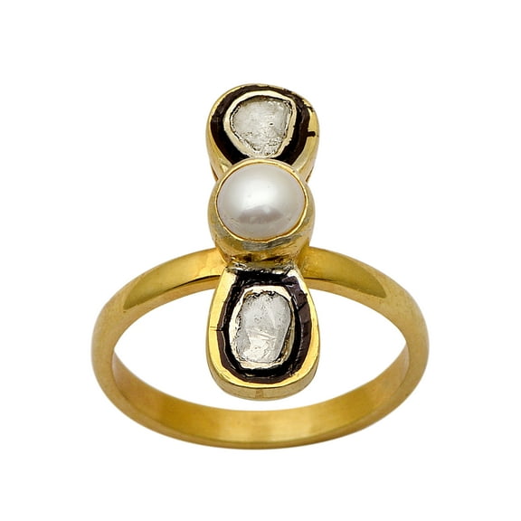 0.50 CTW Natural Diamond Polki Pearl Ethnic Valentines Day Gifts Ring 925 Sterling Silver 14K Gold Plated with Black Enamel