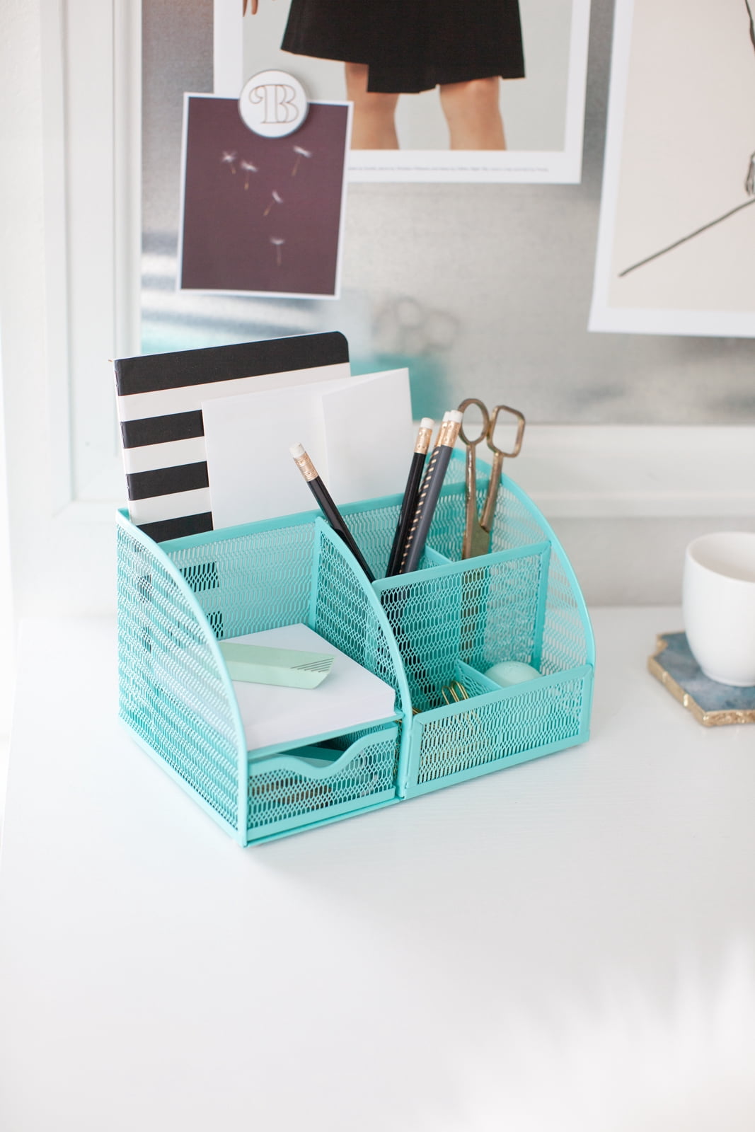 Blu Monaco Unique Metal Aqua Desk Organizer with Drawer
