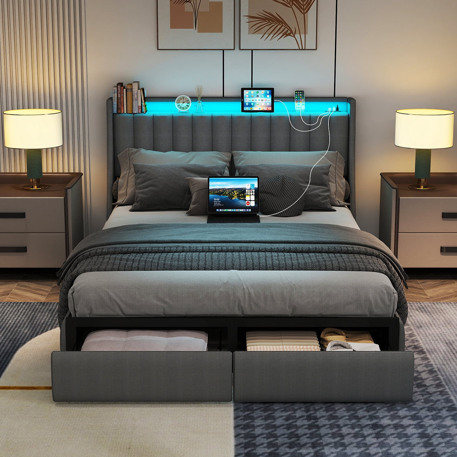 DRNANLIT Full Size Bed Frame with 2 Drawers & 2-Tier Storage Shelf Upholstered Bed Frame with Headboard & Storage & LED Lights & Charge Station, Gray