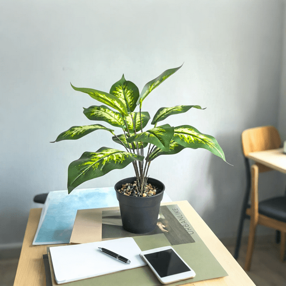 CasaVibe-Realistic Faux Dieffenbachia Plant in Pot - Artificial Dumb Cane for Home Decor, Indoor Greenery, Low-Maintenance Houseplant