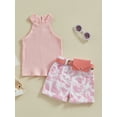 thumbnail image 2 of xiaxaixu Kids Girl Summer Outfits Solid Color Ribbed Knit Halter Tank Tops Camouflage Shorts Belt Bag 3Pcs Clothes Set, 2 of 8