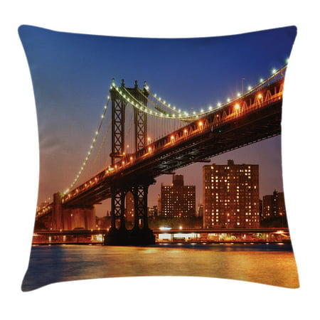 New York Throw Pillow Cushion Cover, Manhattan Bridge with Night Lights over Hudson River Brooklyn Popular Town Image, Decorative Square Accent Pillow Case, 16 X 16 Inches, Blue Orange, by