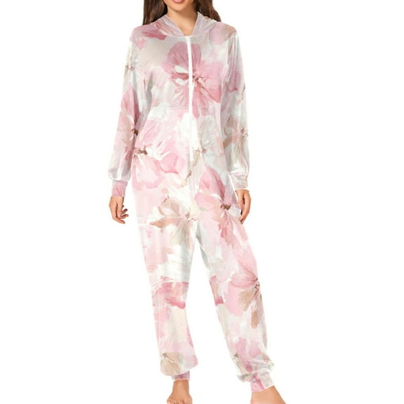 Pink Blossoms Bows Adult's Hoodie Onesie Jumpsuit One-Piece Pajamas with Zipper Unisex for Holiday S