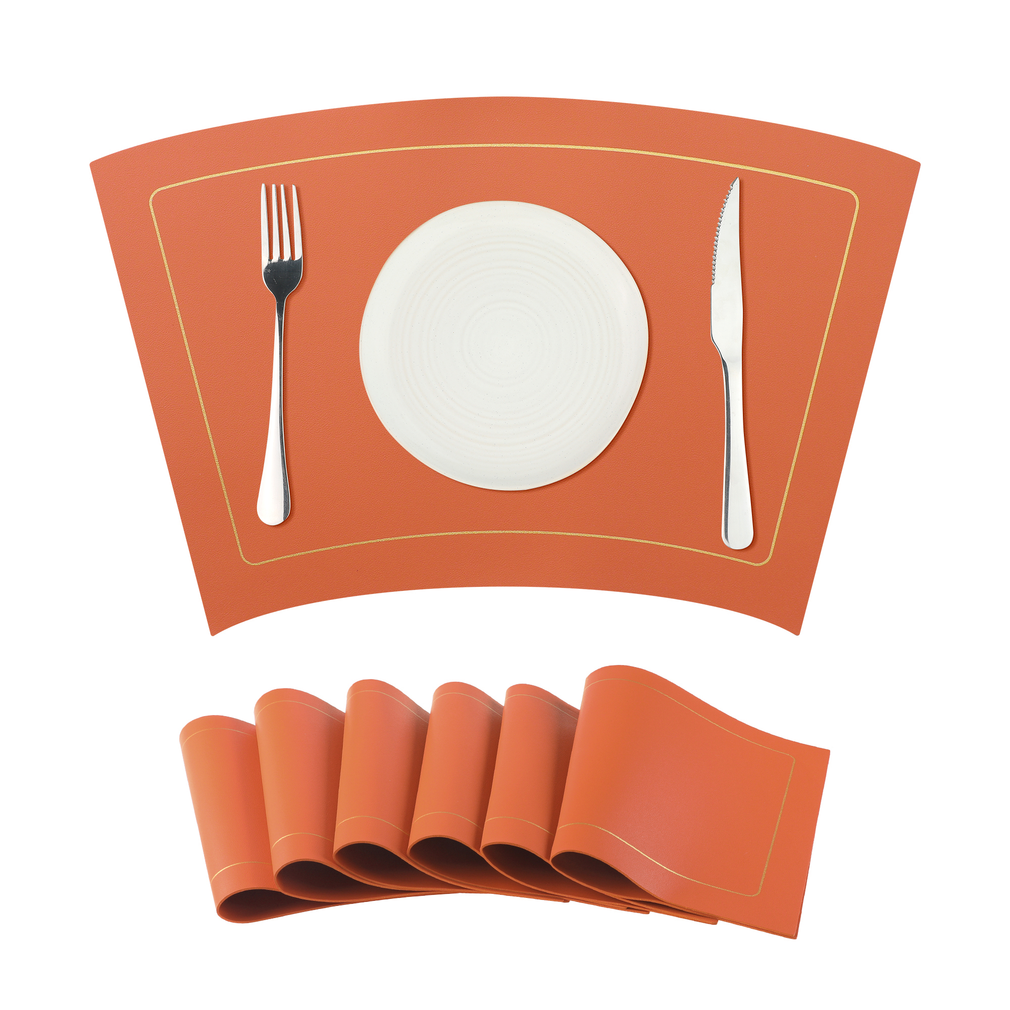 Unique Bargains Set of 6 Wedge Faux Leather Heat Resistant Wipe Clean Round Table Mats Orange