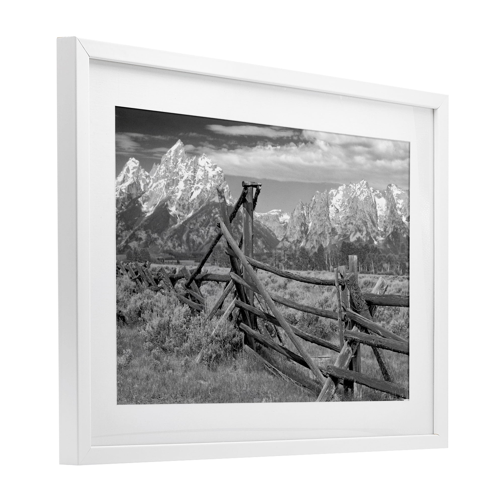 Grand Tetons Mountains & Fence White Framed Print Under Glass, design by MJ Photography