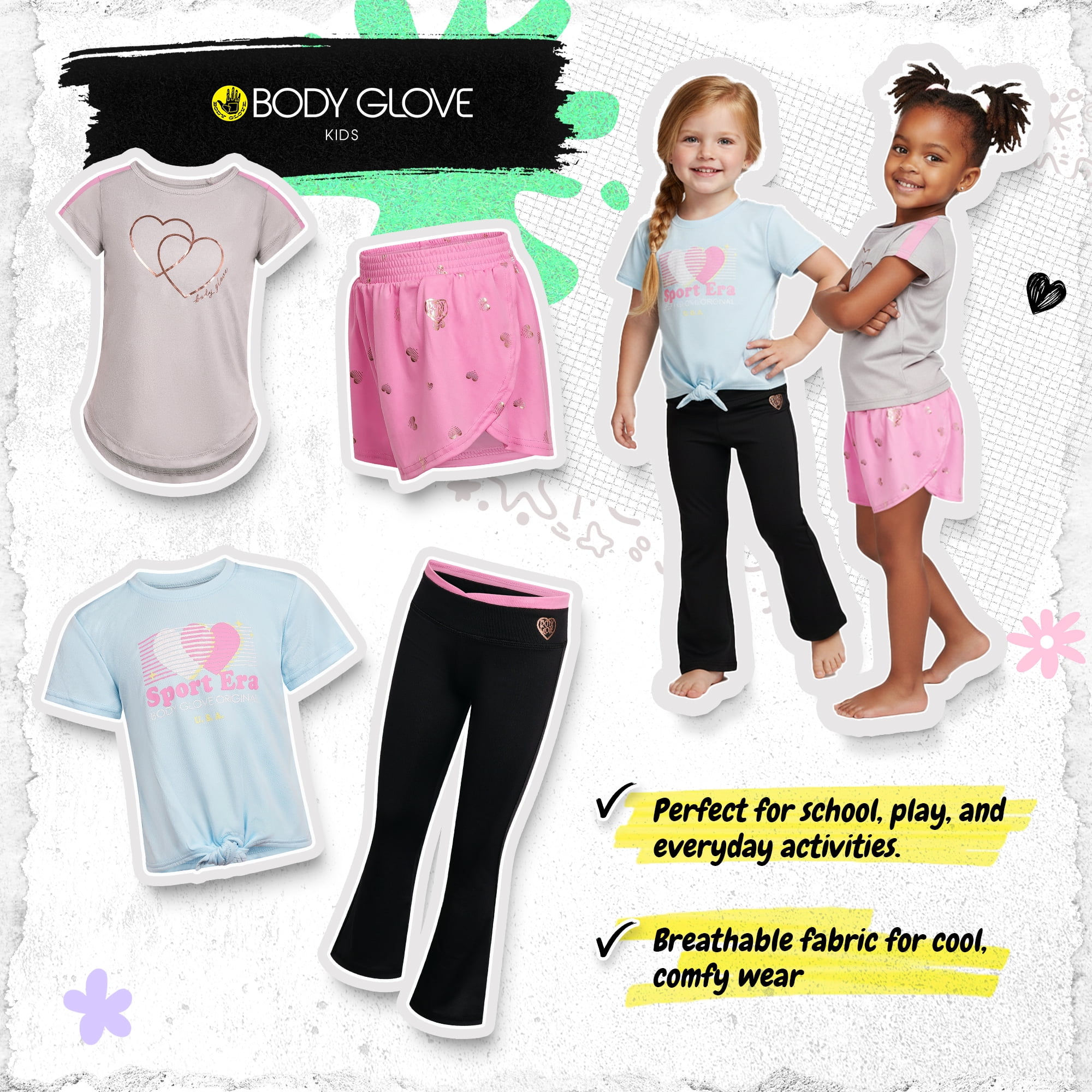 Body Glove Clothes Girls’ 4-Piece Active Outfit Set – Includes 2 Graphic Tees, Jogger Pants & Shorts, Comfortable Everyday Clothing for Toddler to Big Girls Sizes (2T-12)