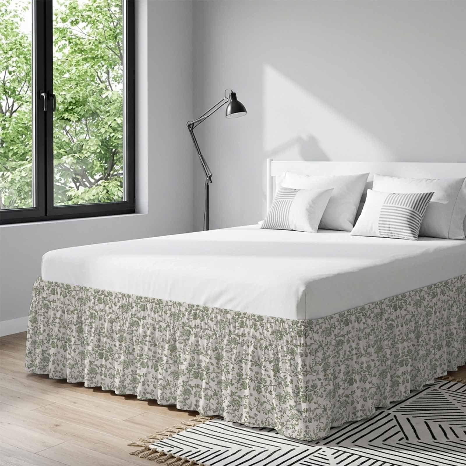 Spring Flowers Bed Skirt Queen Size,Farmhouse Sage Green Pastoral Floral Leaf Wrap Around Bed Skirting with Adjustable Elastic Strap,Dust Ruffle Pleated Bedskirts 18 Inch Drop for Bedroom Queen Beds