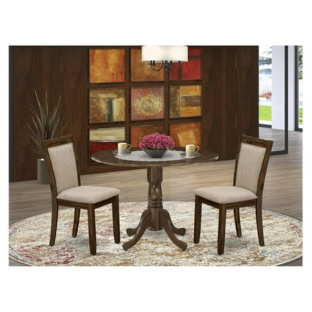 

NeosKon DLMZ3-AWN-04 3 Piece Dinette Set for Small Spaces Contains a Round Table with Dropleaf and 2 Light Tan Linen Fabric Parsons Dining Chairs 42x42 Inch Natural Walnut