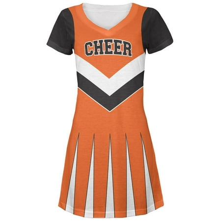 Halloween Cheerleader Costume Orange & Black Juniors V-Neck Beach Cover-Up Dress