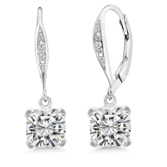 Gem Stone King 925 Sterling Silver White Moissanite and White Diamond Earrings for Women (3.41 Cttw, Gemstone Birthstone, Cushion 7MM)