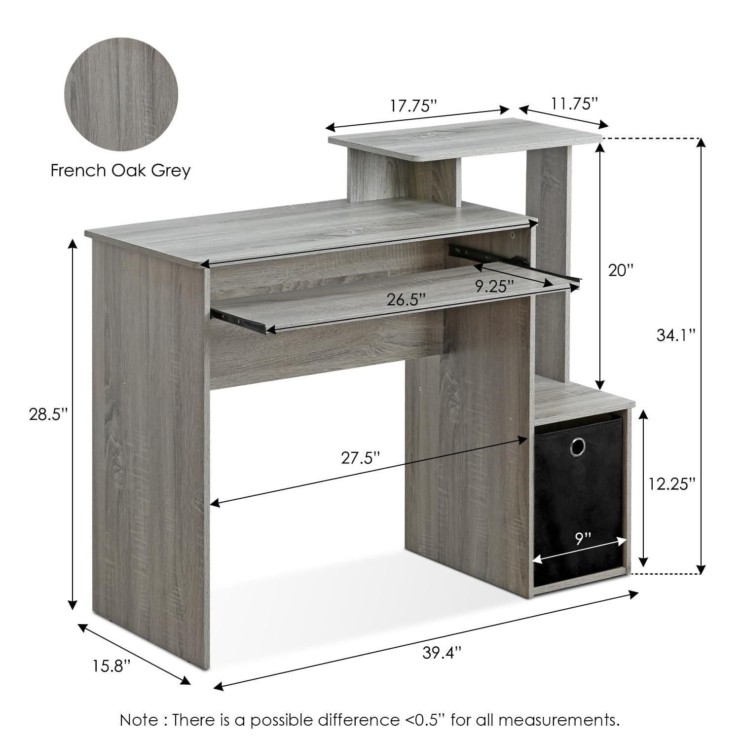 Furinno 12095gyw Econ Multipurpose Home Office Computer Writing Desk With Bin French Oak Grey