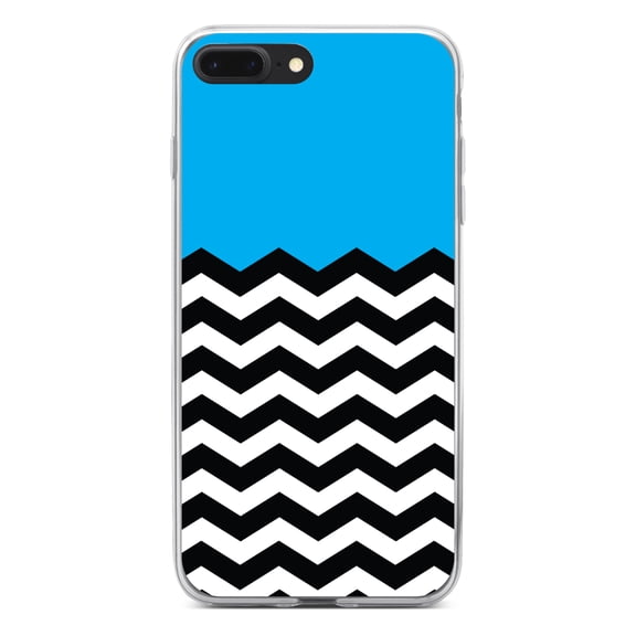 DistinctInk Clear Shockproof Hybrid Case for iPhone 7 PLUS / 8 PLUS (5.5" Screen) - TPU Bumper, Acrylic Back, Tempered Glass Screen Protector - Black White Cyan Blue Chevron - Stripes Pattern