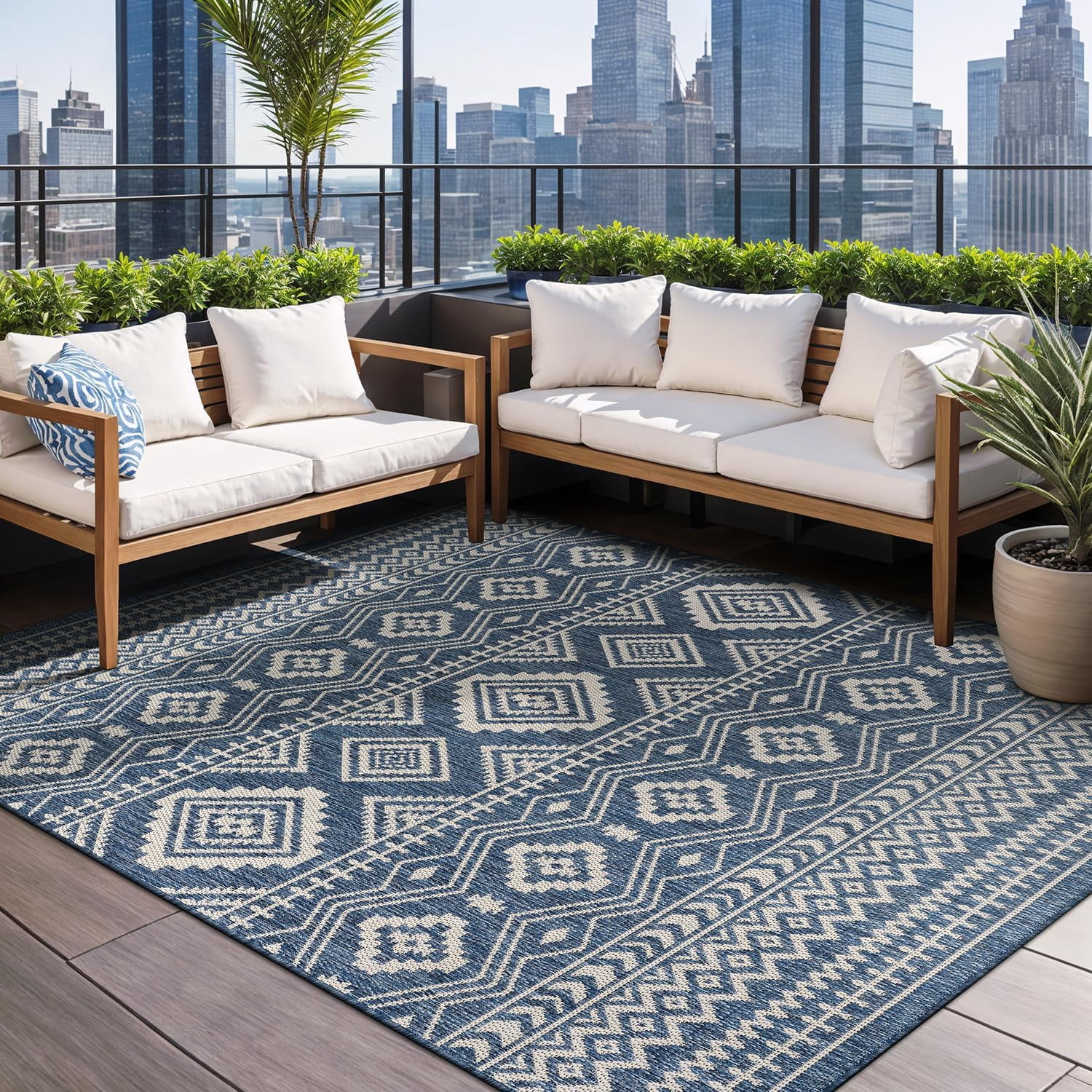 Beverly Rug Outdoor Area Rugs, Waterproof Patio Porch Garden Carpet,Azure and White, 10'x14'