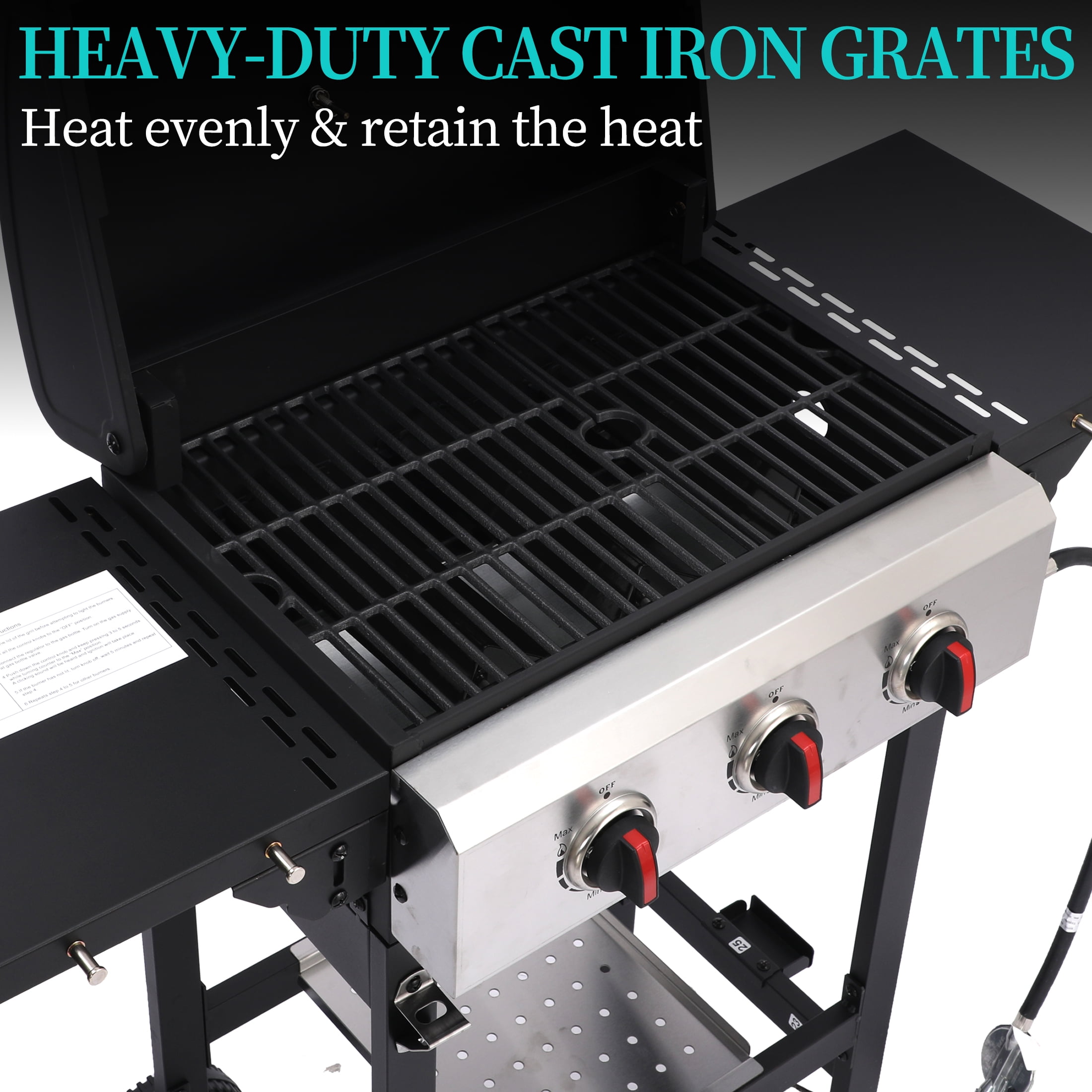 Garden It 3-Burner Propane Gas Grill, 30,000 BTU Portable BBQ with Foldable Side Table, Cast Iron Grates & Regulator for Outdoor Camping Backyard
