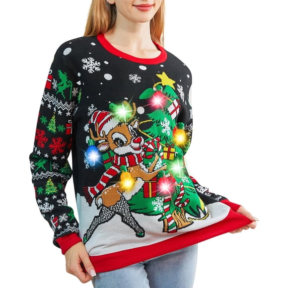Cozople Ugly Christmas Sweater for Women Knitted Light-Up Xmas Sweater for New Year Party