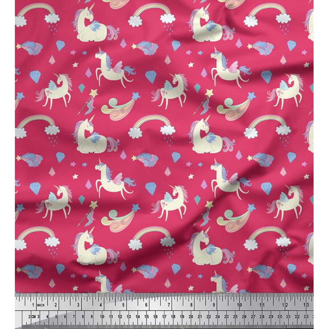 Soimoi Pink Modal Satin Fabric Rainbow & Unicorn Animal Fabric Prints By Yard 42 Inch Wide