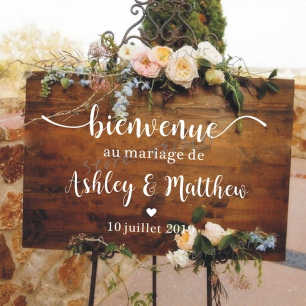 Calcomanía de vinilo de espejo de boda de estilo francés, pegatina de pared con nombres personalizados, letrero de bienvenida de boda, murales de vinilo, decoración de boda romántica AZ843 Tan Jianjun unisex