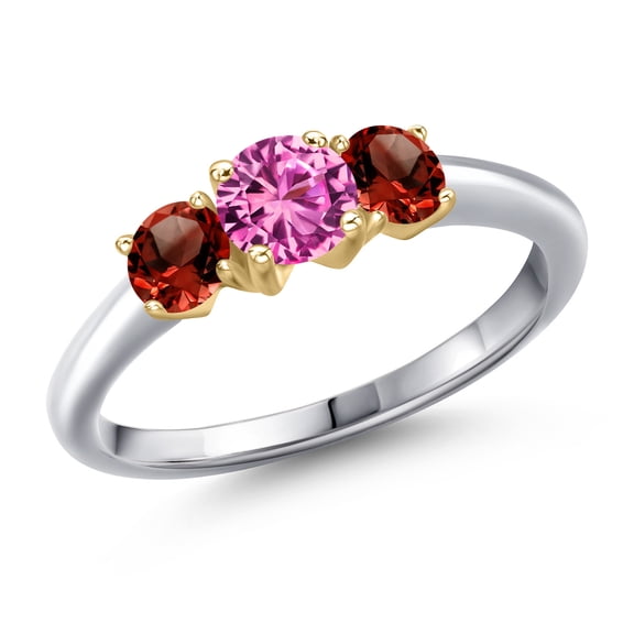 Gem Stone King 925 Silver and 10K Yellow Gold Pink Created Sapphire and Red Garnet Engagement Ring for Women | 1.29 Cttw | Round 5MM | Gemstone September Birthstone | Size 8