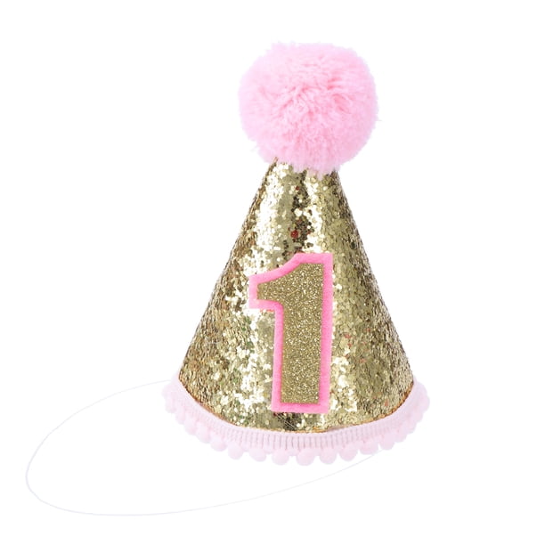 EeaseMX Glitter Sparkle 1st Birthday Cone Hat con diadema ajustable para suministros de fiesta para niña (rosa)