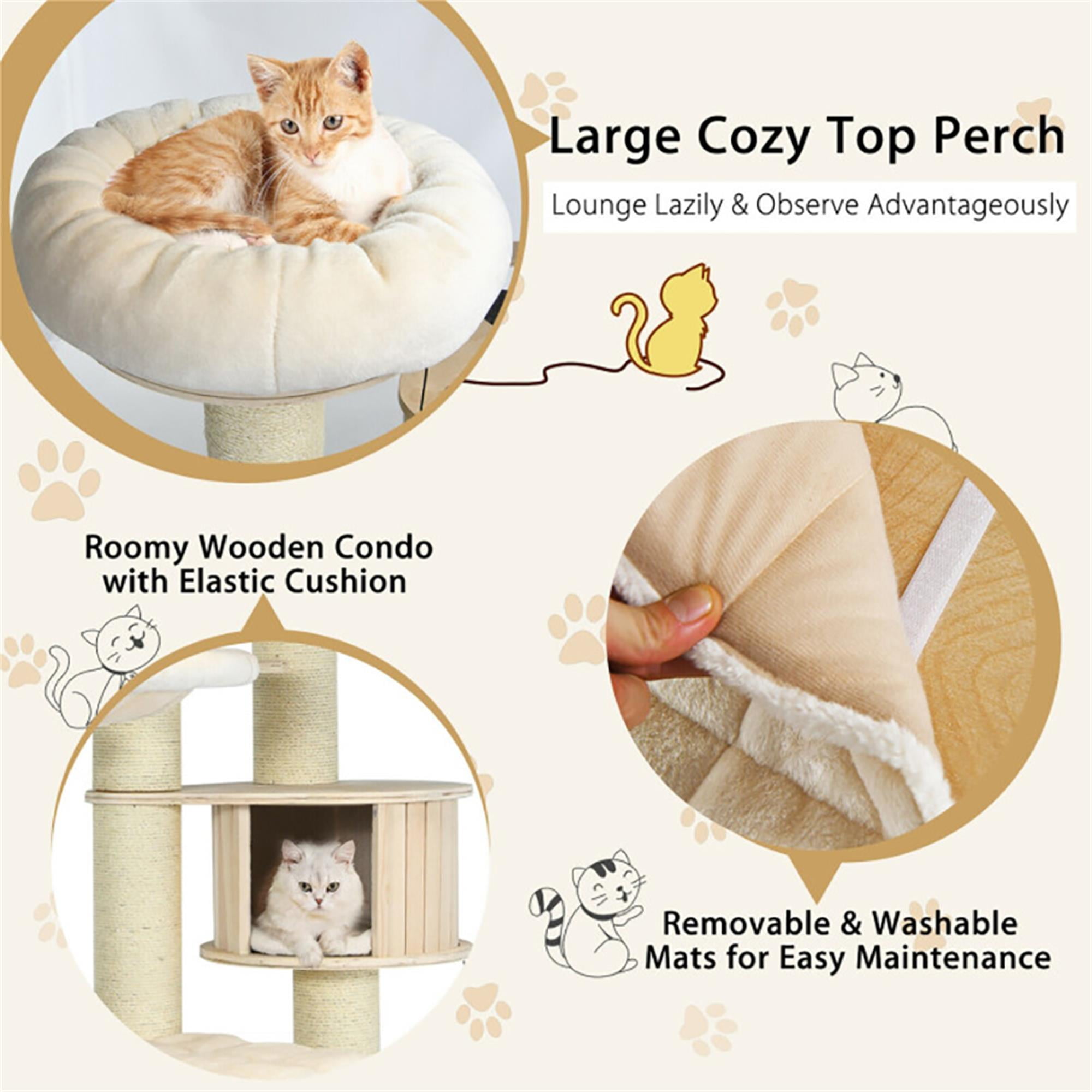 Kadyn 77" Wood Cat Tree Tower for Indoor Cats, Multi-Level Cat Condo with Scratching Posts, Perch, Washable Removable Cushions, Cat Furniture, Beige