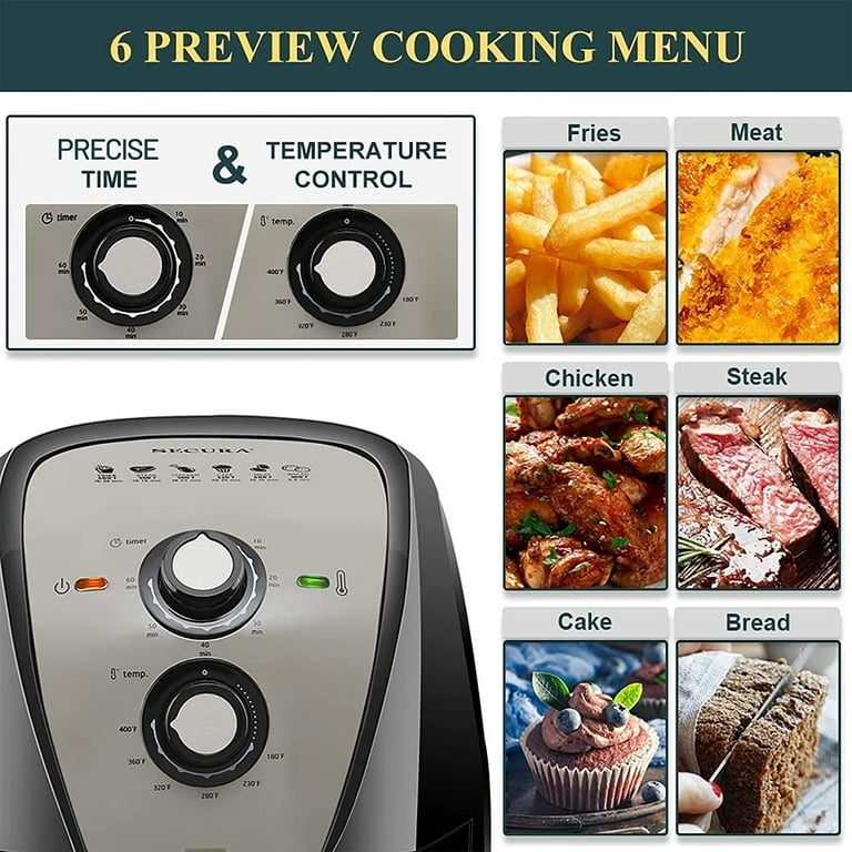 secura air fryer xl 5.3 quart 1700-watt electric hot air fryers oven oil free nonstick cooker w/additional accessories, recipes, bbq rack & skewers for frying, roasting, baking (gray) - Walmart.com