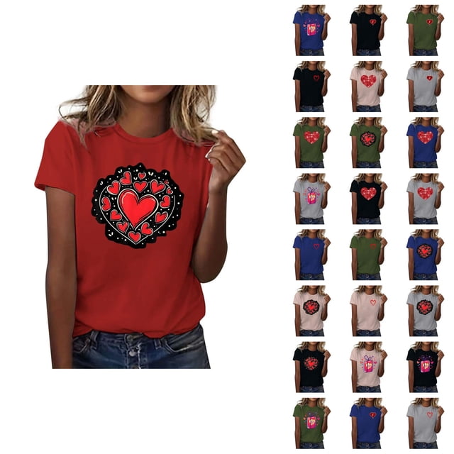 T-shirts de la Saint-Valentin pour Femmes 2026 Mode Manches Courtes Col Rond Cœur Graphique