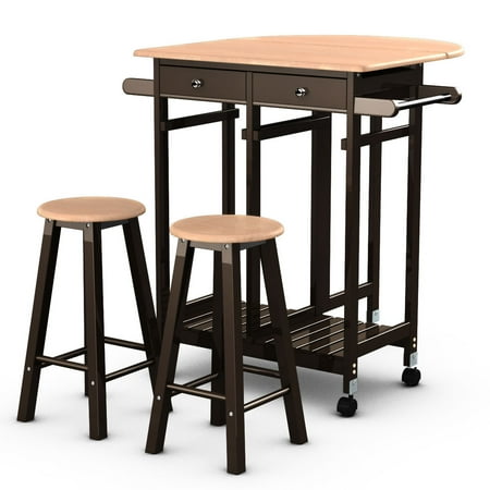 Enclosed Drop Leaf Cart - Costway 3PC Wood Kitchen Island Rolling Cart Set Dinning Drop Leaf Table w/ 2 Stools
