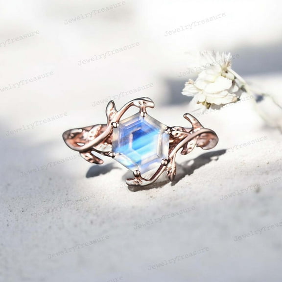 JEWELRYTREASURE 7 mm Hexagon Shape Rainbow Moonstone Engagement Ring Nature Inspired Leaf Jewelry Solitaire Birthday Gift for Mom