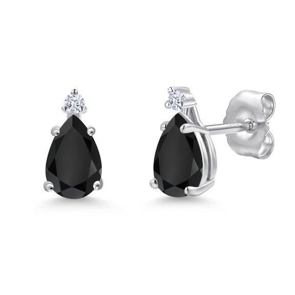 Gem Stone King 14K White Gold Black Onyx Stud Earrings for Women | 0.83 Cttw | Gemstone December Birthstone | Pear Shape 6X4MM