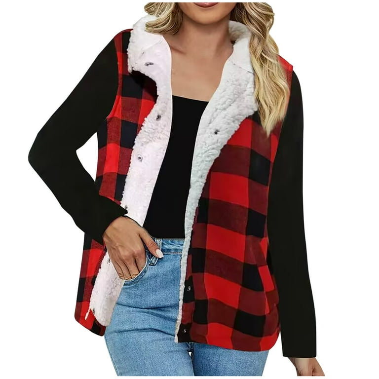 Brnmxoke Womens Red Buffalo Plaid Vest Casual Sherpa Warm Lapel - Main Image