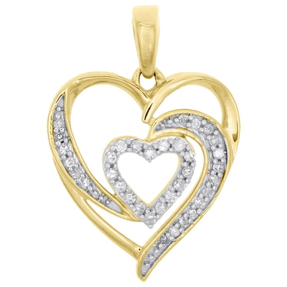 10K Yellow Gold Round Diamond Double Frame Heart Pendant 0.85" Pave Charm 1/6 CT