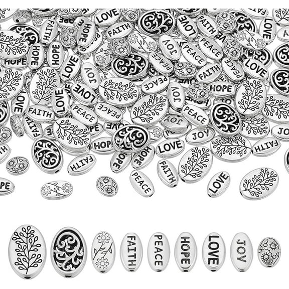 180pcs 9 Styles Faith Beads Oval Spacer Beads with Words Tibetan Style Silver Flat Spacer Bead Metal Craft Bead for Bracelet Necklace Jewellery Making Handicrafts 7~14mm