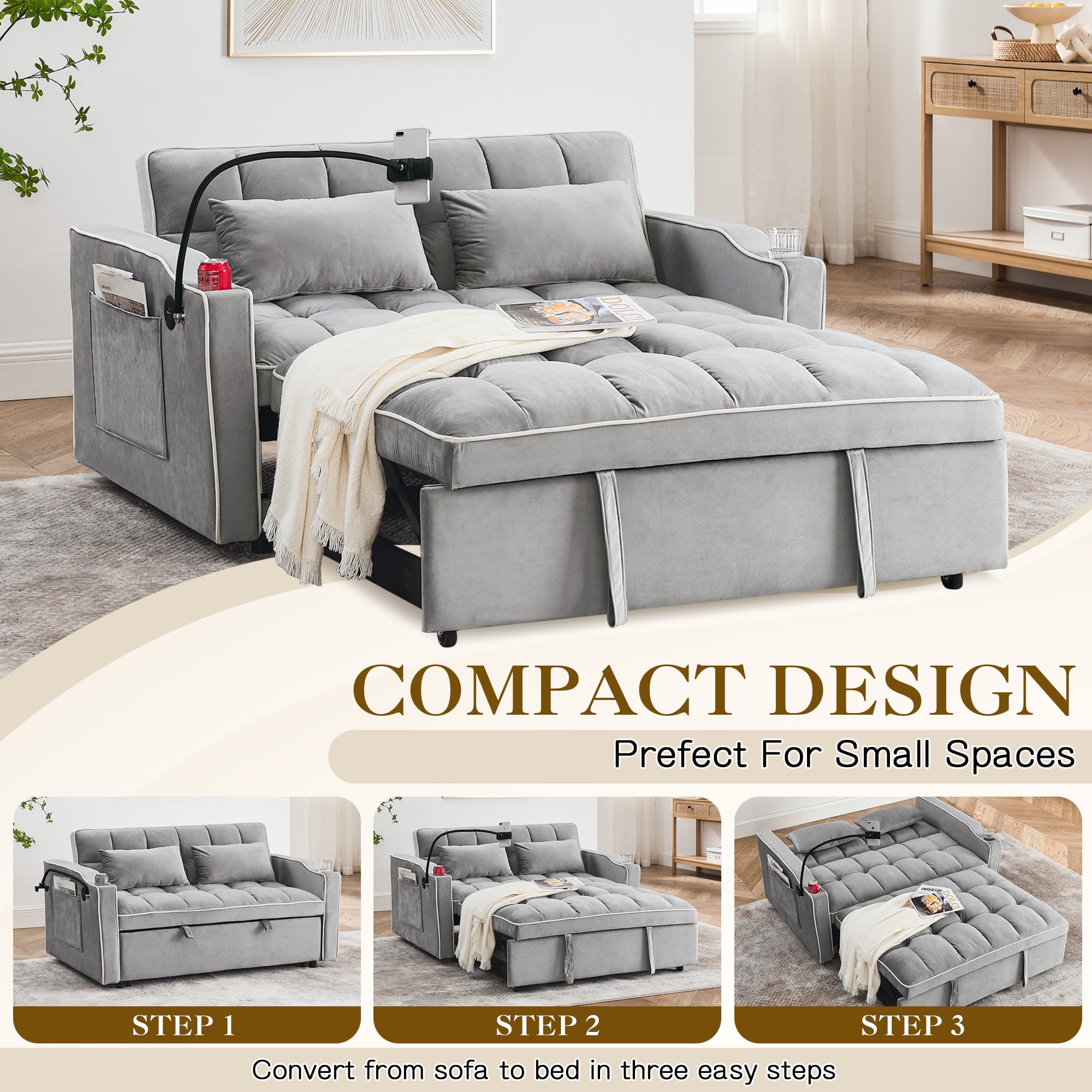 Dinosisco 3-in-1 Convertible Futon Sofa Bed, Loveseat Sleeper with Phone Stand, USB, Gray Velvet