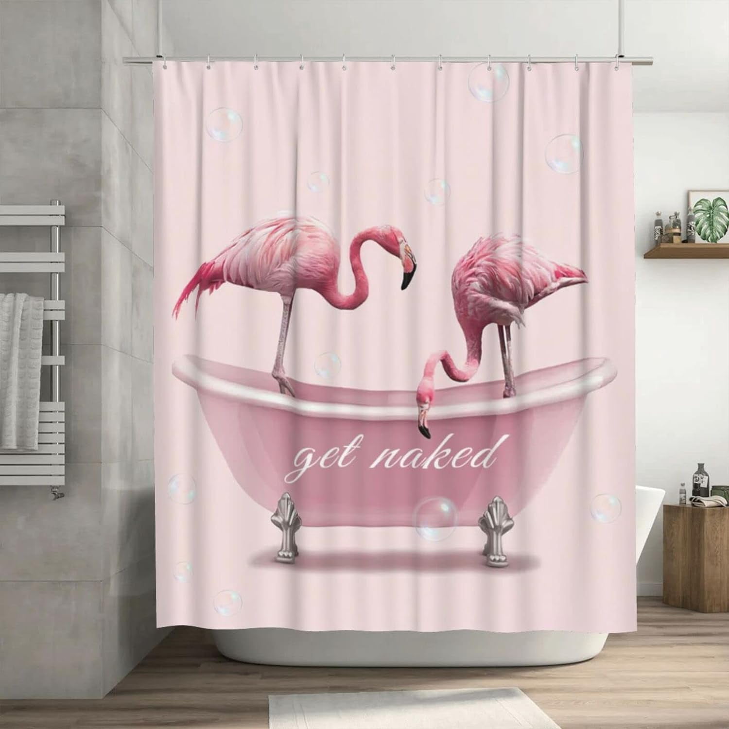 LIVILAN Pink Flamingo & Mint Striped Shower Curtain - 72x72 Inch, Water-Repellent Polyester With 12 Metal Grommets & Hooks