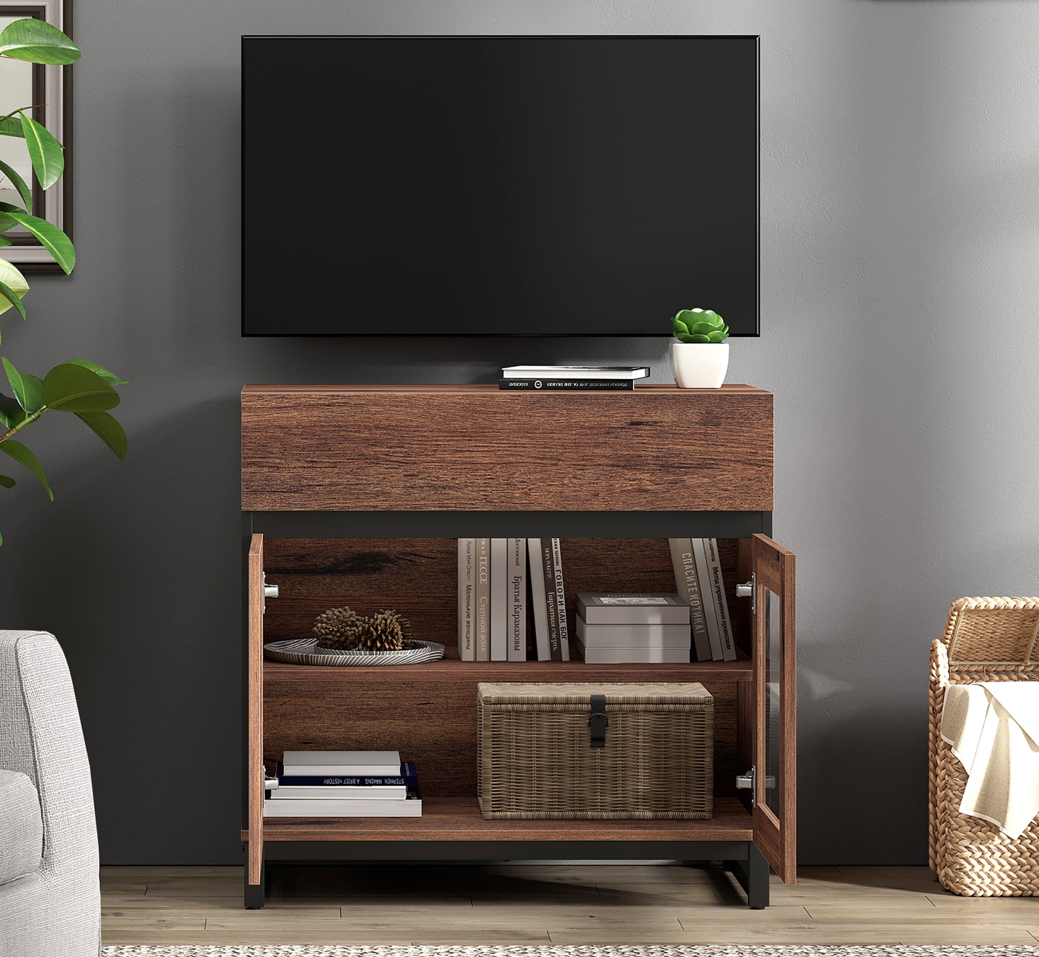 Modern TV Stand with Glass Door & 1 Drawer, Metal Base Entertainment Console for 32-40 Inch TVs, Media Console for Living Room & Bedroom,Brown