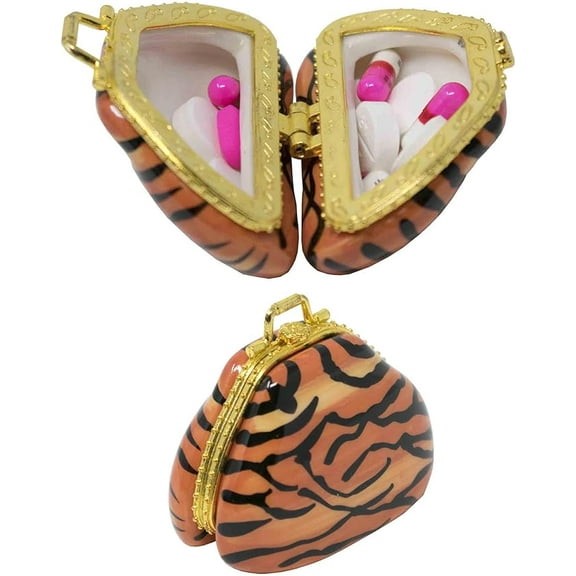 Set of 2 Ceramic Purse-Shaped Compact Pill Box & Organizer (Tiger)