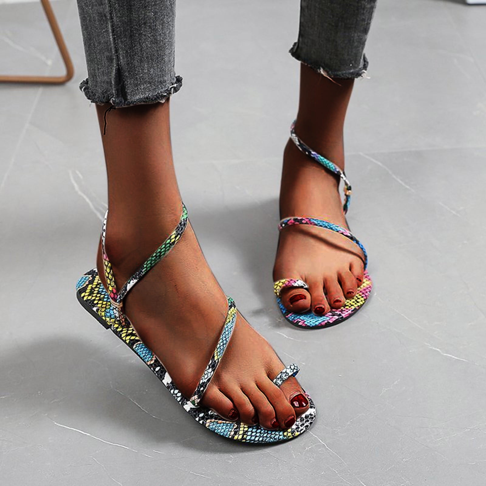 Ankle Wrap Flat Beach Shoes Fashion Bohemian Sequins Summer Sandals Inkach Women Flip-Flops Sandals 