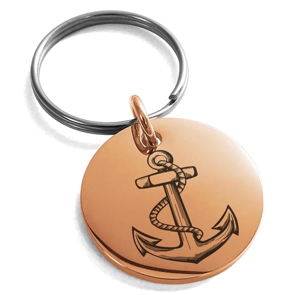 Stainless Steel Mariner Nautical Anchor Engraved Small Medallion Circle Charm Keychain Keyring