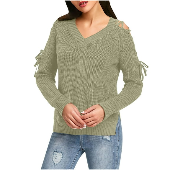 Lightweight Sweaters For Women Sevevn Women's Fashionable Hollow Out Long Sleeved V Neck Lace-Up Sweater