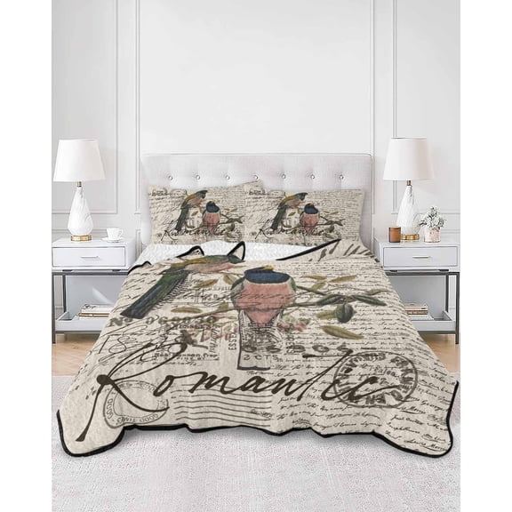 Quilts Full Size, Vintage Birds Soft Comforter Bedding Set for Bed, Country Envelope Postmark Farmhouse Botancial Lightweight Quilted Bedspread with Pillow Cover(2 Pieces) for All Season, 78x90 Inch