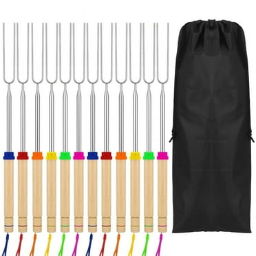 Qweryboo 12Pcs Marshmallow Roasting Sticks Fire Pit Kit, Extendable 12-32inch Long Metal Barbecue Skewers, Telescoping Smores BBQ Fork for Grill and Campfire, Hot Dog Camping Accessories