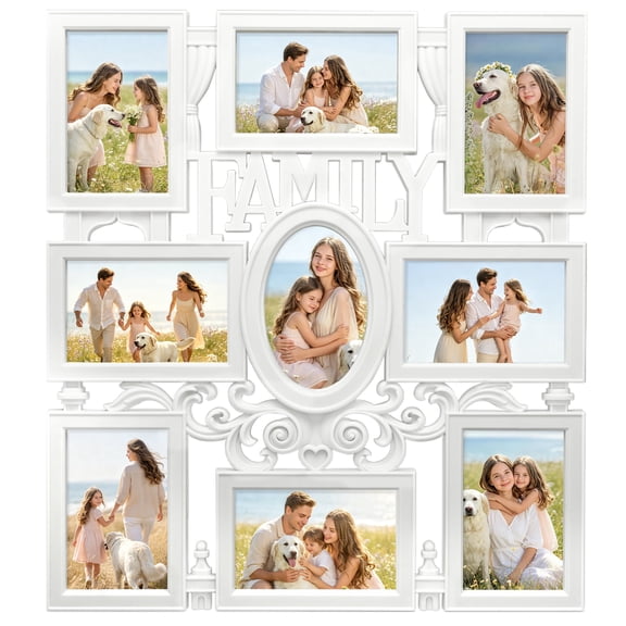 Qunbio Family Collage Picture Frame, 9 Opening Wall Picture Frames for 4x6 Photos, Large PVC Gallery Collage Frame for Wall Decor, White