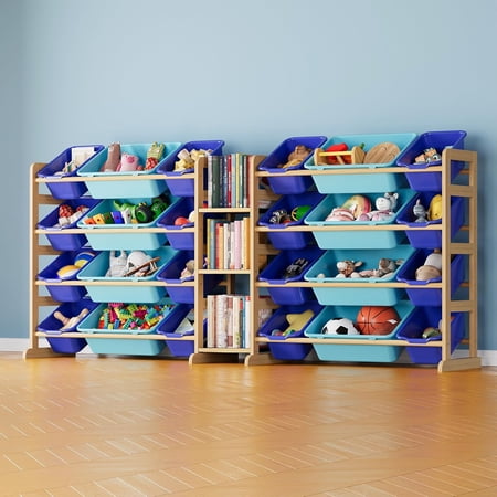 Large Toy Storage Organizer with 24 Bins and 3 Shelves Toy Organizers Storage Bookshelf Kids Bin Shelf Box Bookcase for Bedroom Playroom Organization Room Decor Blue and Navy Blue