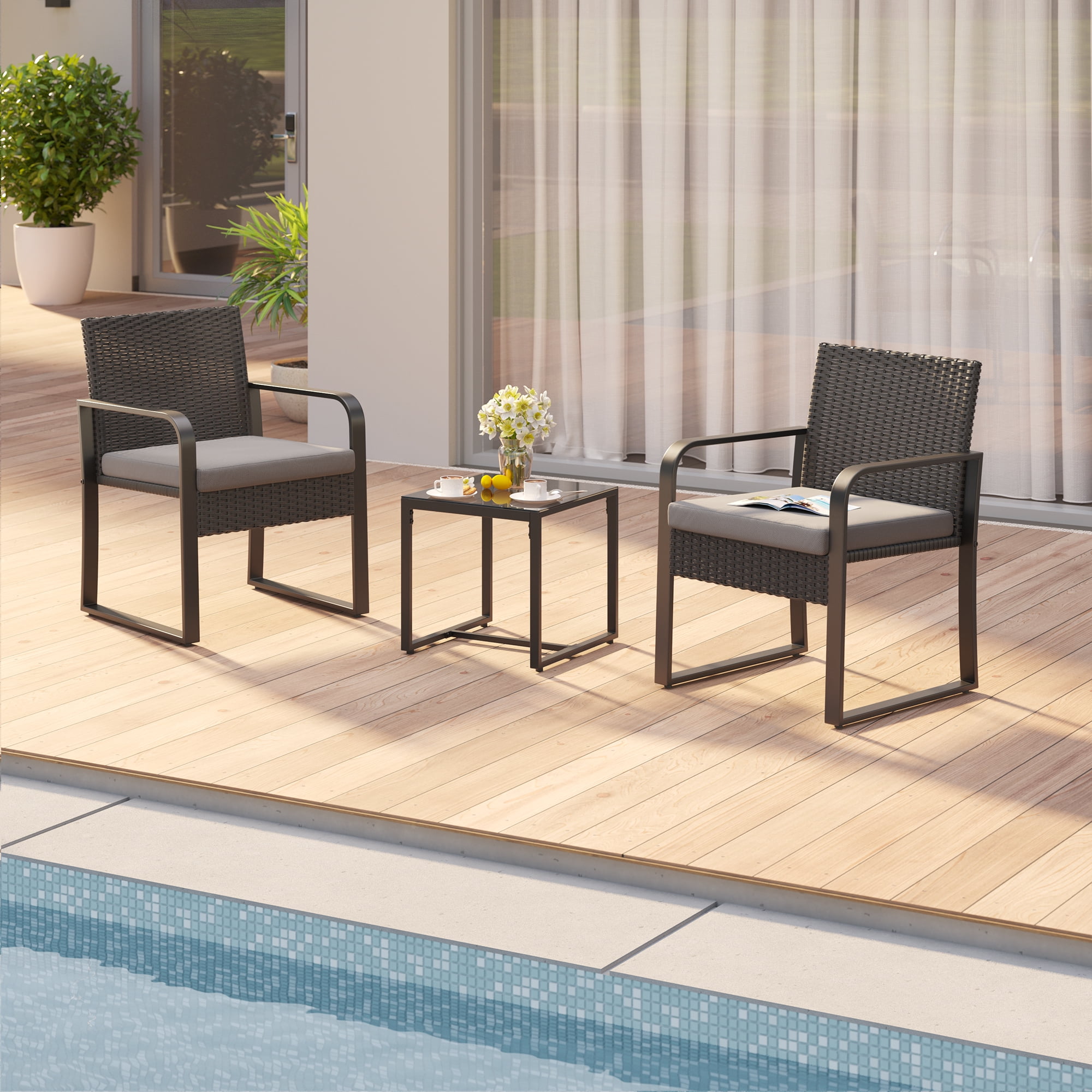 Small Patio Furniture Set, Lofka 3 Pieces Patio Set, All-weather Wicker Chairs and Glass Coffee Table with Grey Cushions, Gray