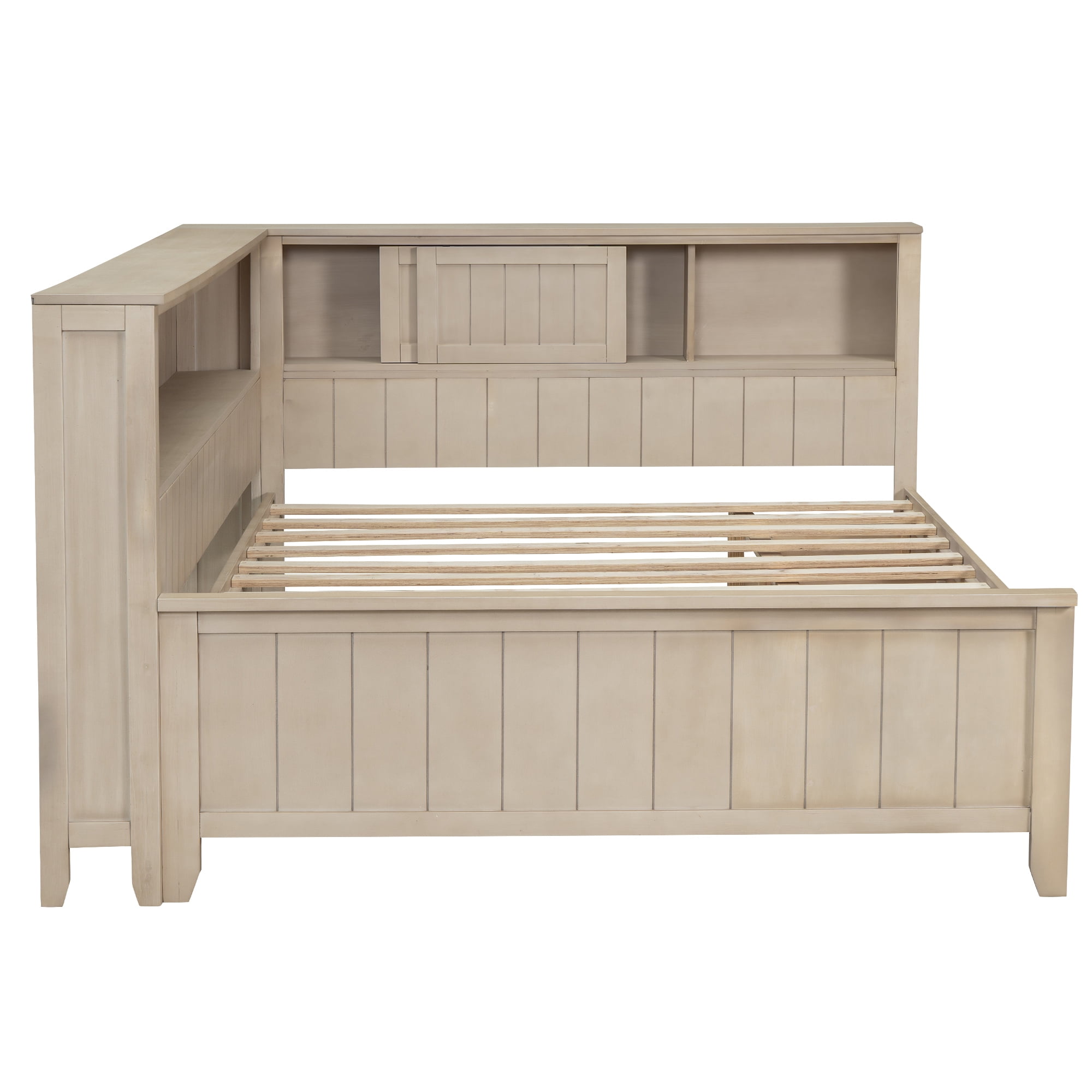 MAYEERTY Full Size Wood Daybed with Storage Shelves and 3 Drawers, Antique White Milk