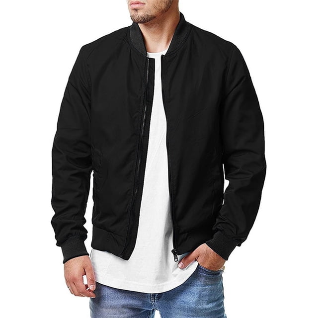 Mens Casual Baseball Zip Up Jacket Biker Coat Pockets Crew Neck Outwear