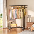 thumbnail image 3 of HYSEYY Double Rods Clothing Rack, Rolling Clothes Rack, Metal Garment Rack with 4 Lockable Wheels & Storage Shelf, Sturdy Coat Rack for Bedroom, Laun, 3 of 9