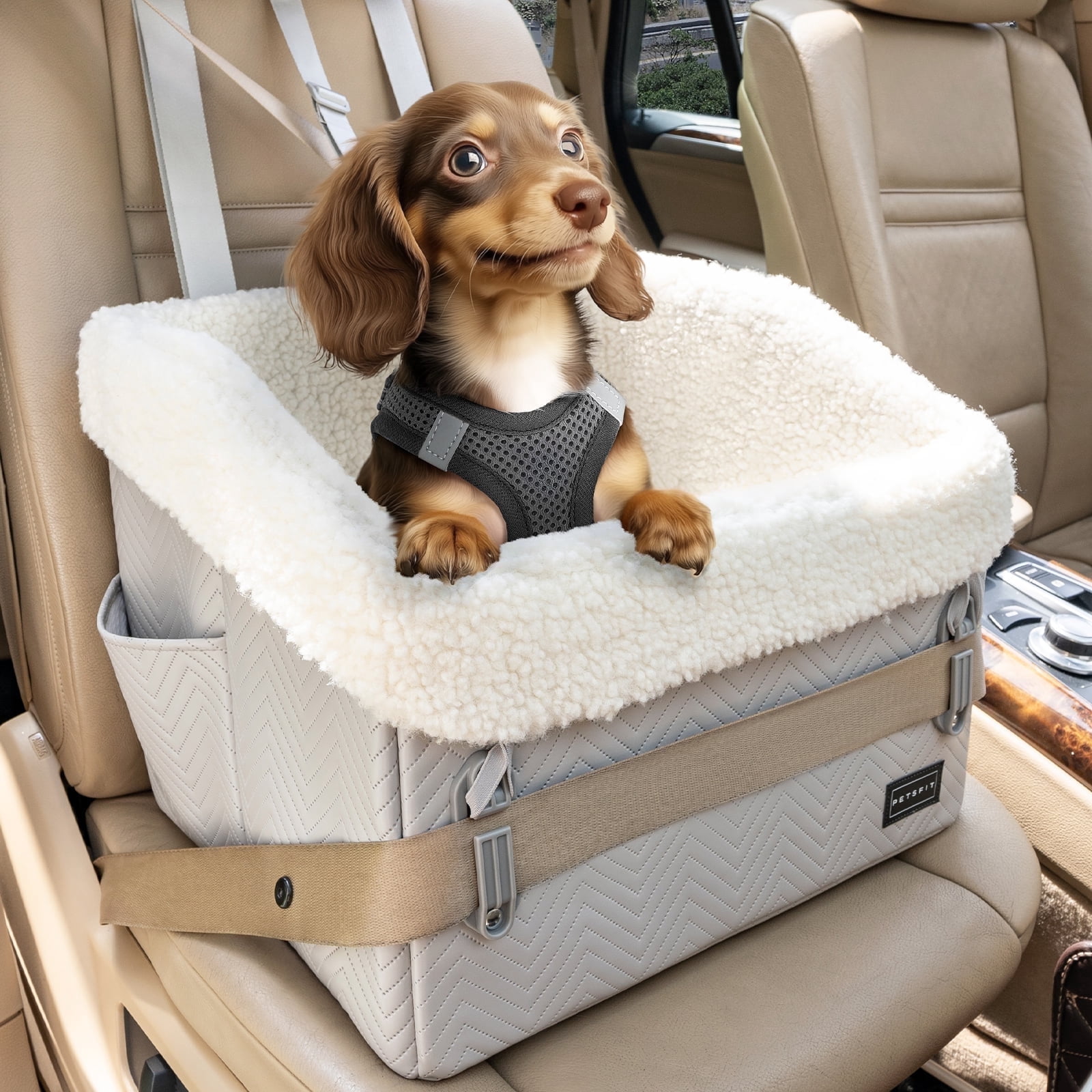 PETSFIT Dog Car Seat, Waterproof PU Leather ,Patented Safe Buckles, Pet Car Seats for Medium or Small Sized Pets,Under 30 lbs ,Grey