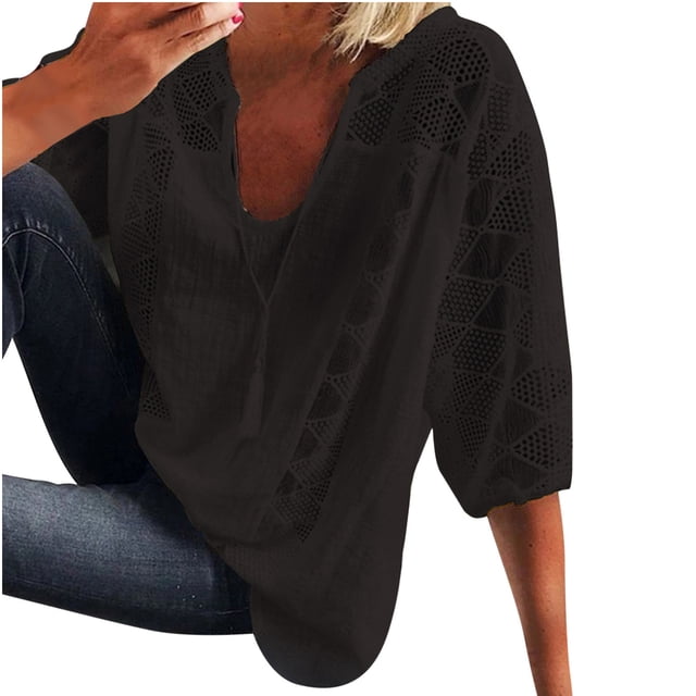 Pompotops T-Shirt Ample à Manches 3/4 avec Col en V et Dentelle pour Femmes